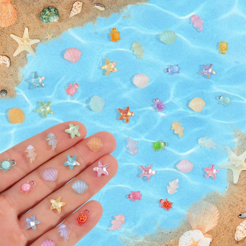 Yonseng 400pcs Luminous Mini Ocean Resin Animals Starfish Jellyfish Seashell Mini Turtles Set Resin Animals Tiny Sea Models for Dollhouse Miniatures DIY Fish Tank Fairy Garden Micro Landscaping - Image 1